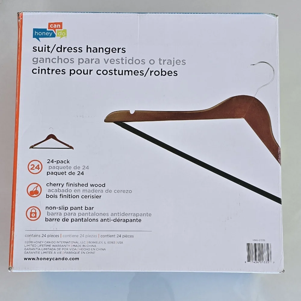 NWT 24-Pack of Honey-Can-Do No-Slip Cherry Wood Suit and Dress Hangers